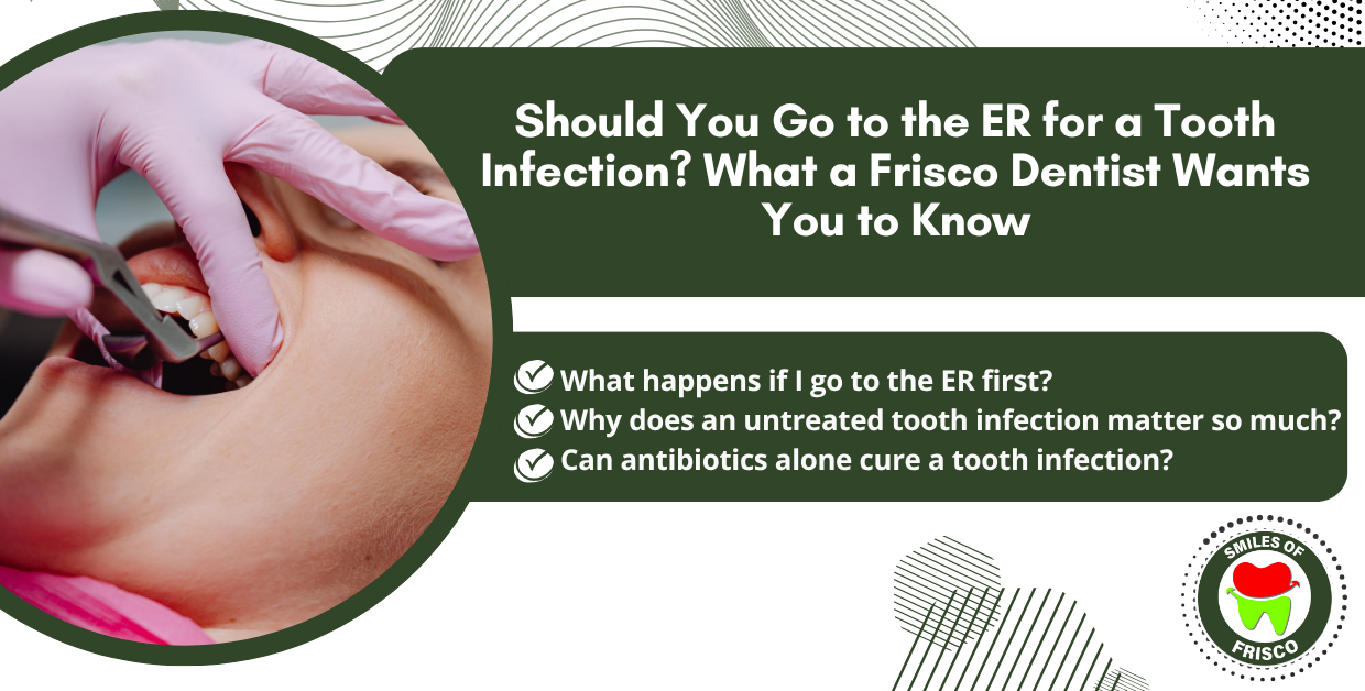 Woman holding a swollen cheek from a tooth infection, for the Smiles of Frisco blog "Should You Go to the ER for a Tooth Infection?"