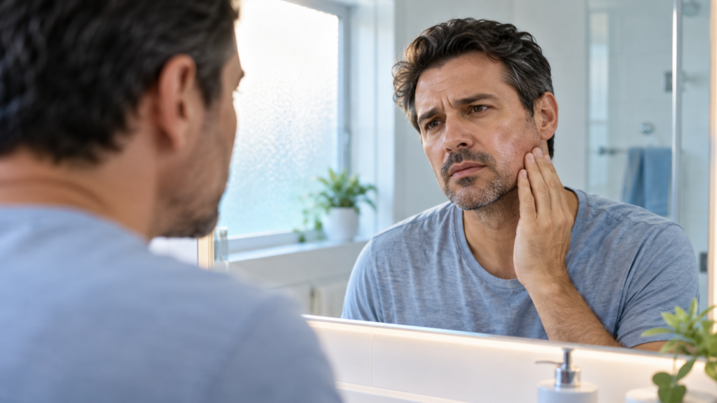 Man examining slight lower jaw swelling in a bathroom mirror.
