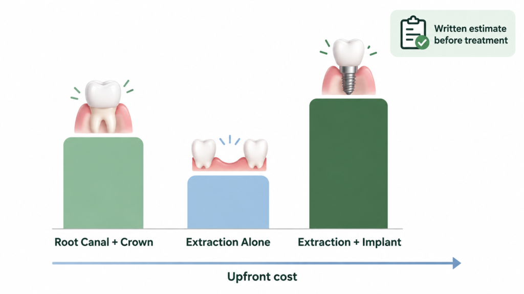Illustrated comparison of root canal plus crown, extraction alone, and extraction plus implant by upfront cost and long-term value