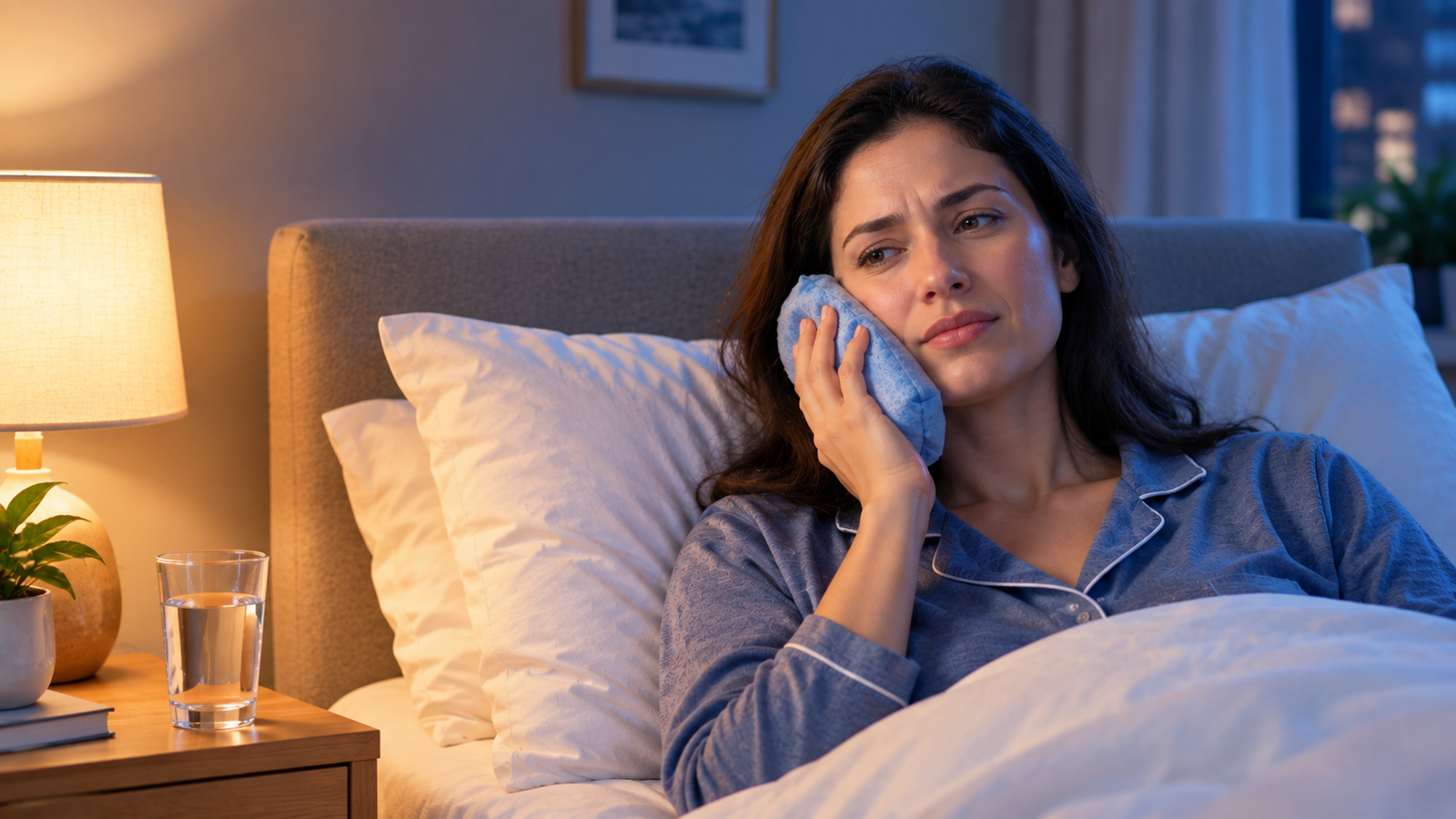 Woman holding her cheek in toothache pain, with an inset cross-section of a tooth showing decay that has reached the nerve